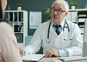 Un médico sénior con bata blanca y gafas hablando con una paciente durante una consulta en su consultorio.
